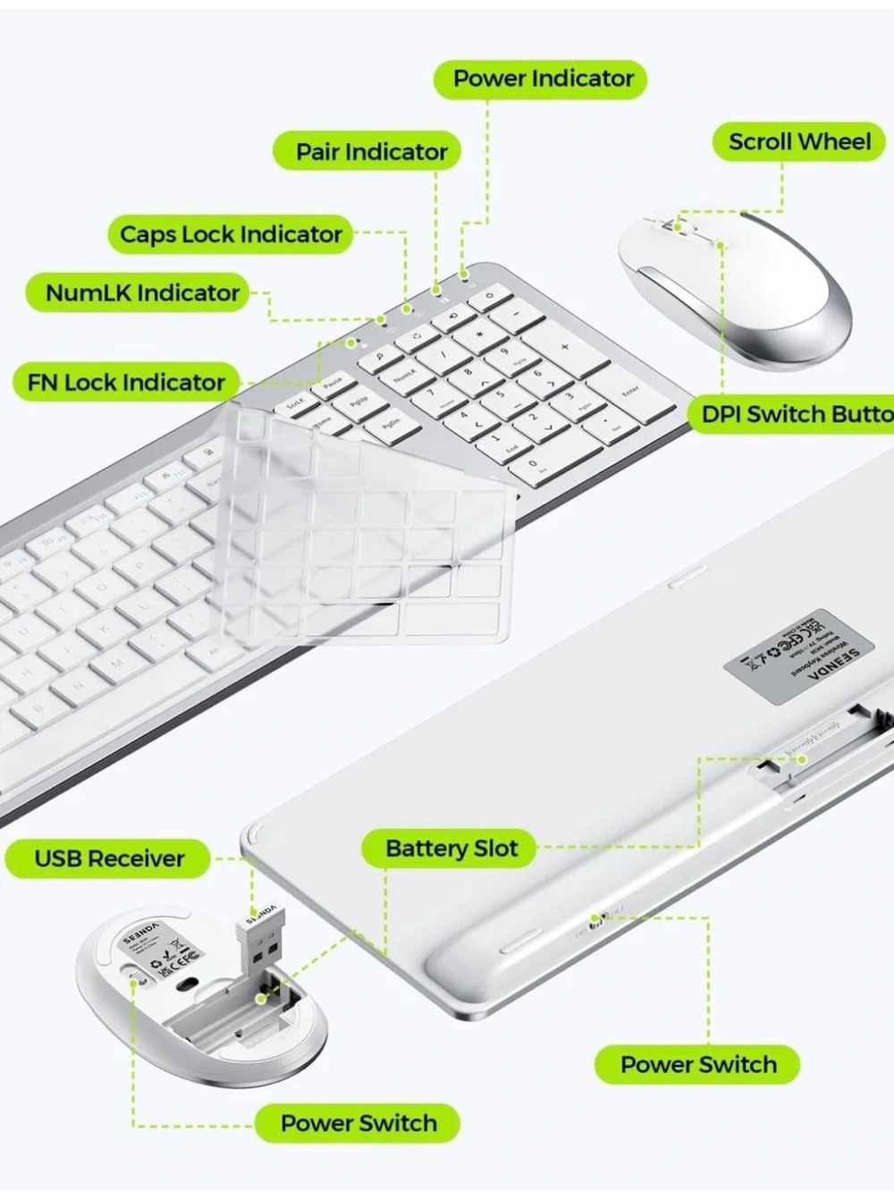 SEENDA SK38 Wireless Keyboard & Mouse Combo Full Size White Silver USB Receiver